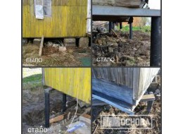 Подъем дома и замена фундаментных блоков на сваи на нестабильных грунтах в Пупышево.